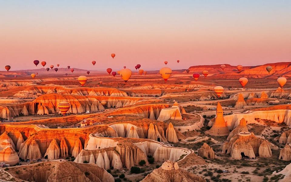 Hot air balloons above Cappadocia at sunrise