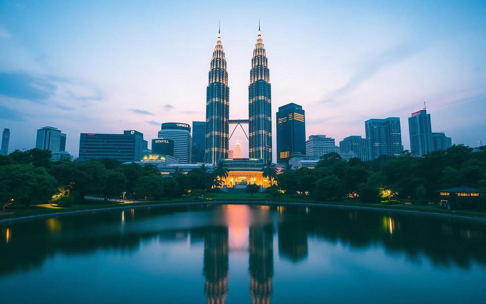 The Petronas Towers above the Kuala Lumpur park lake