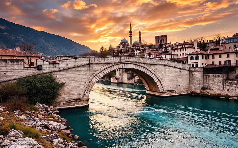 The old stone bridge at Mostar above a turquoise river