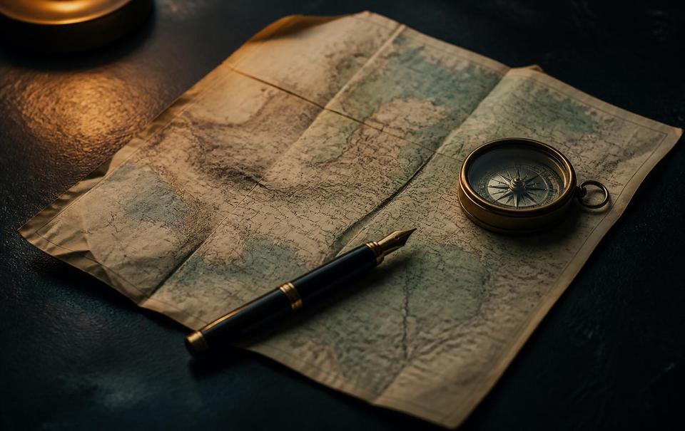 A folded map, a fountain pen and a brass compass on a dark desk