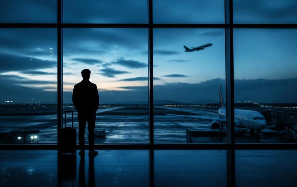 A traveller watching an aircraft from a departure gate at blue hour
