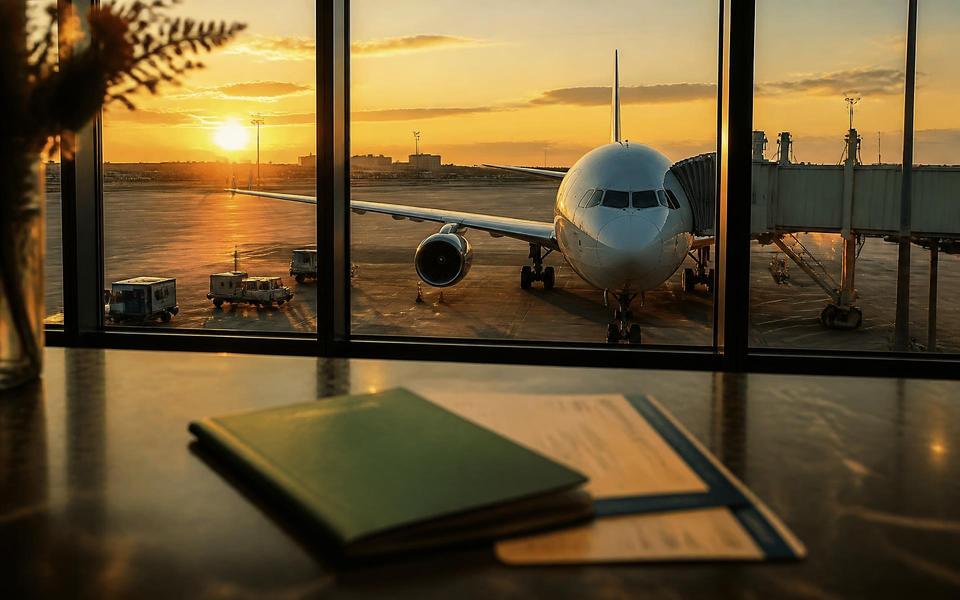 An aircraft at the jet bridge at sunrise seen from an airport terminal, with a passport and boarding cards on the desk