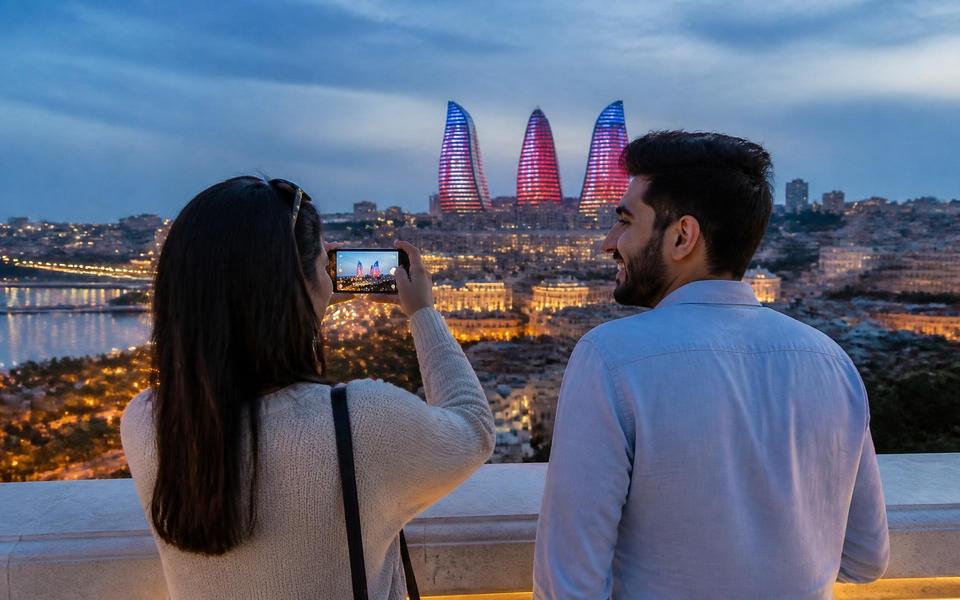 A young couple photographing the Flame Towers in Baku at blue hour