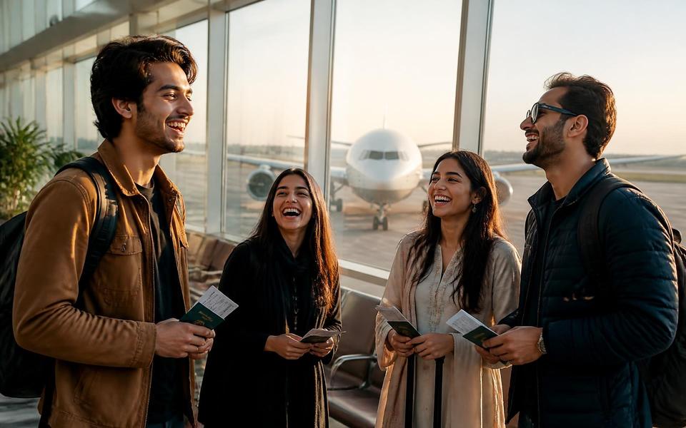 Four young Pakistani friends laughing at an airport departure gate with passports and boarding cards