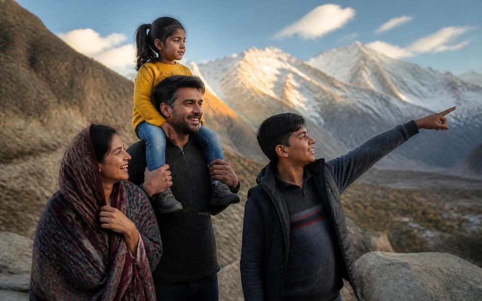 A Pakistani family at a mountain viewpoint in Hunza, the youngest child on her father's shoulders