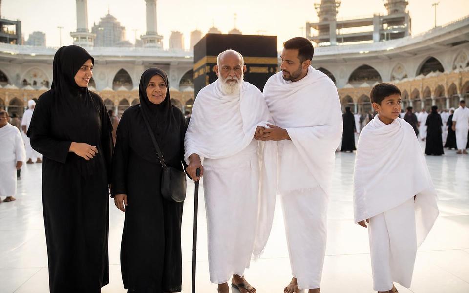 A Pakistani family of pilgrims walking together in the courtyard of the Grand Mosque at dawn