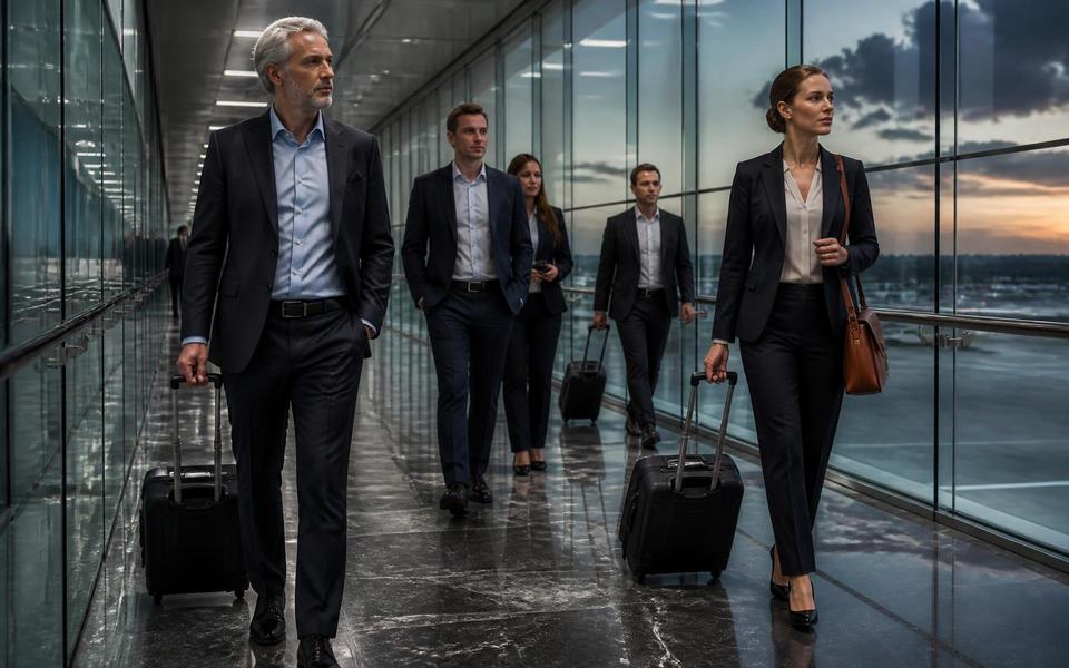 A business delegation walking through a glass airport terminal