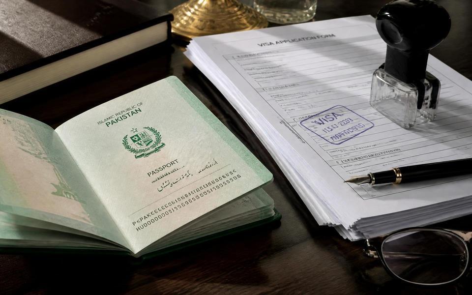 A Pakistani passport and a visa application file on a consultant desk