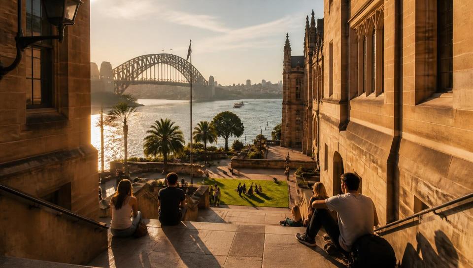 An Australian harbour city university precinct at golden hour