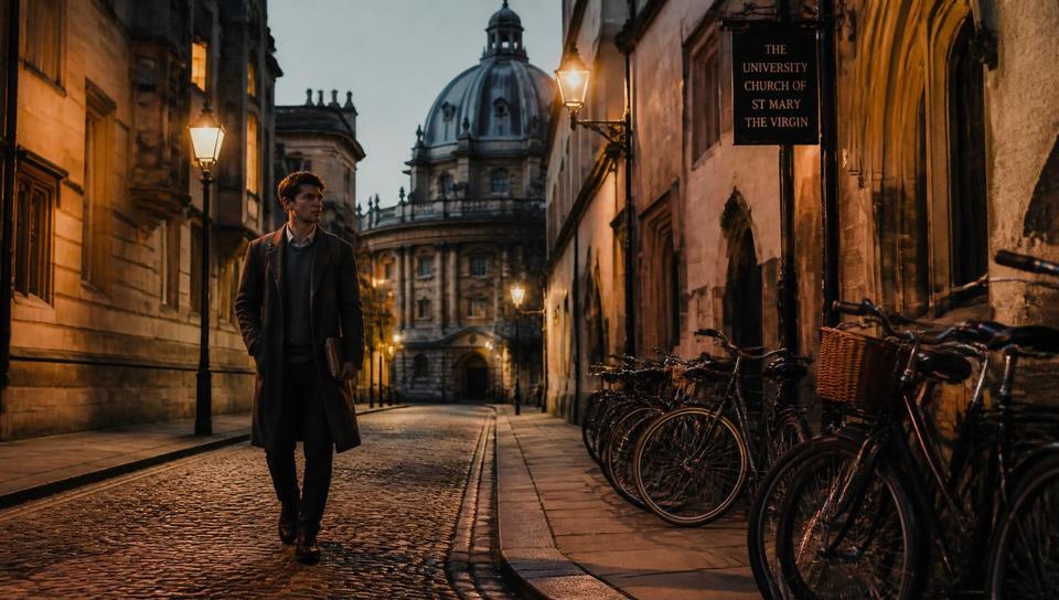 A European university city street in soft evening light