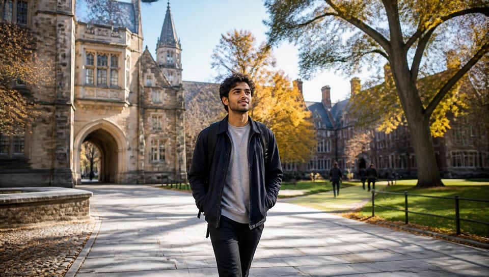 A Pakistani student walking across a foreign university campus in autumn light