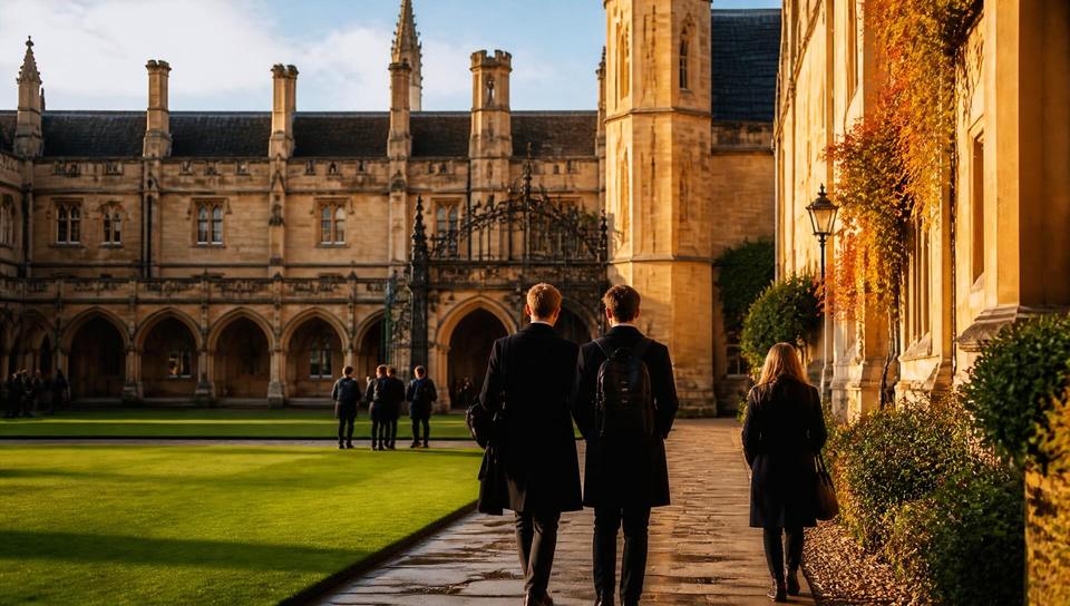 A historic British university quadrangle in golden autumn light