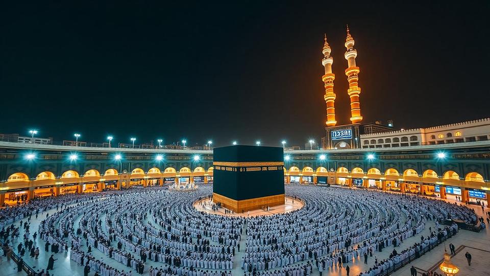 The lit skyline above Makkah at night